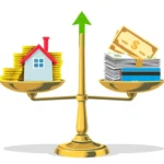 Scale balancing coins and house against bills and credit card