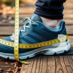 Walking shoe on wood path with measuring tape and foot silhouette.