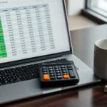 Desk with laptop, calculator, notebook, coffee mug, showing price comparison spreadsheet